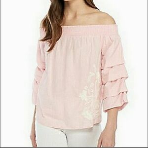 Kaari Blue Desert Oasis Off Shoulder Smocked Embroidered Tiered Pastel Sleeves